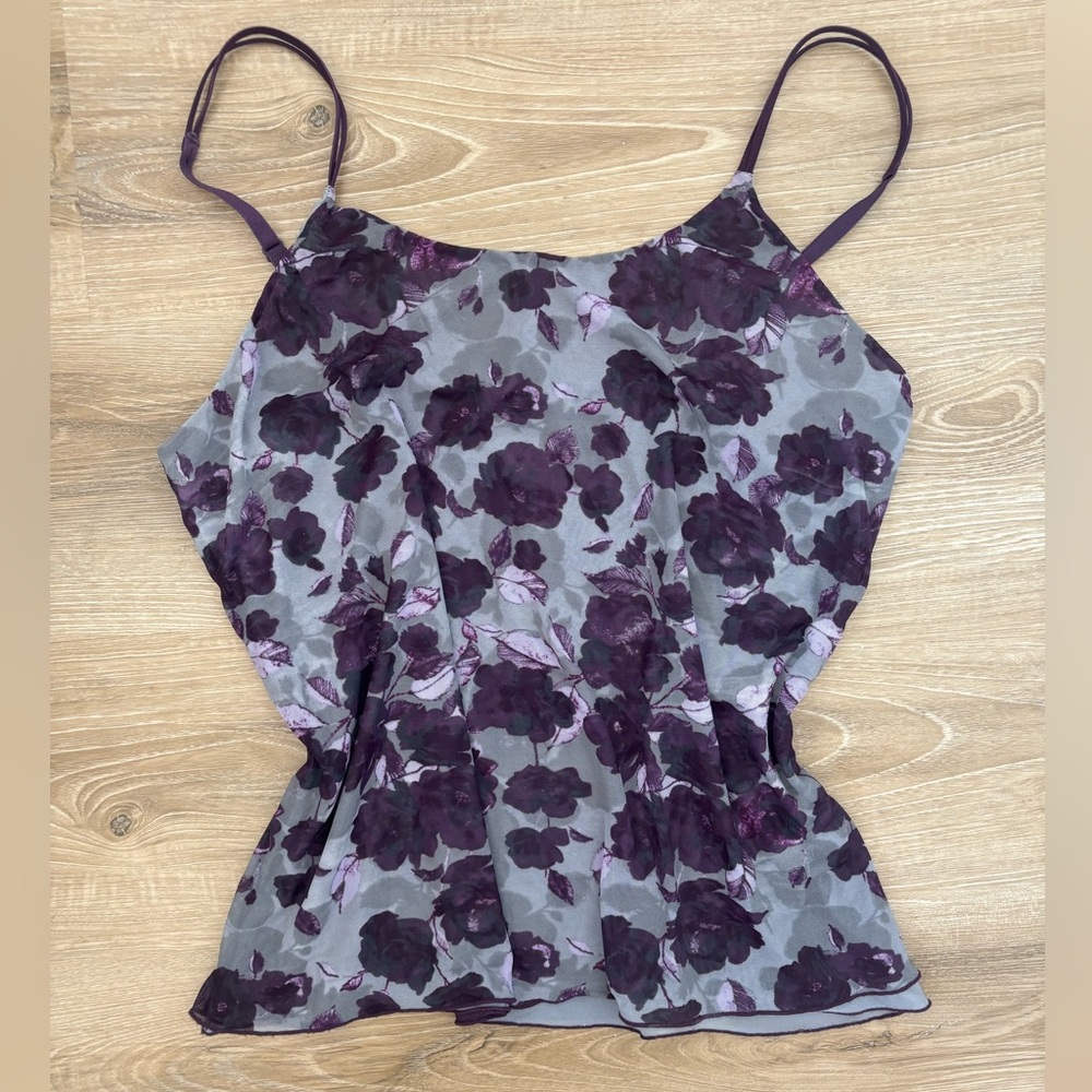 Vintage Y2K Dark Purple Grey and Black Floral Mesh Cami Top Flowy Whimsigoth